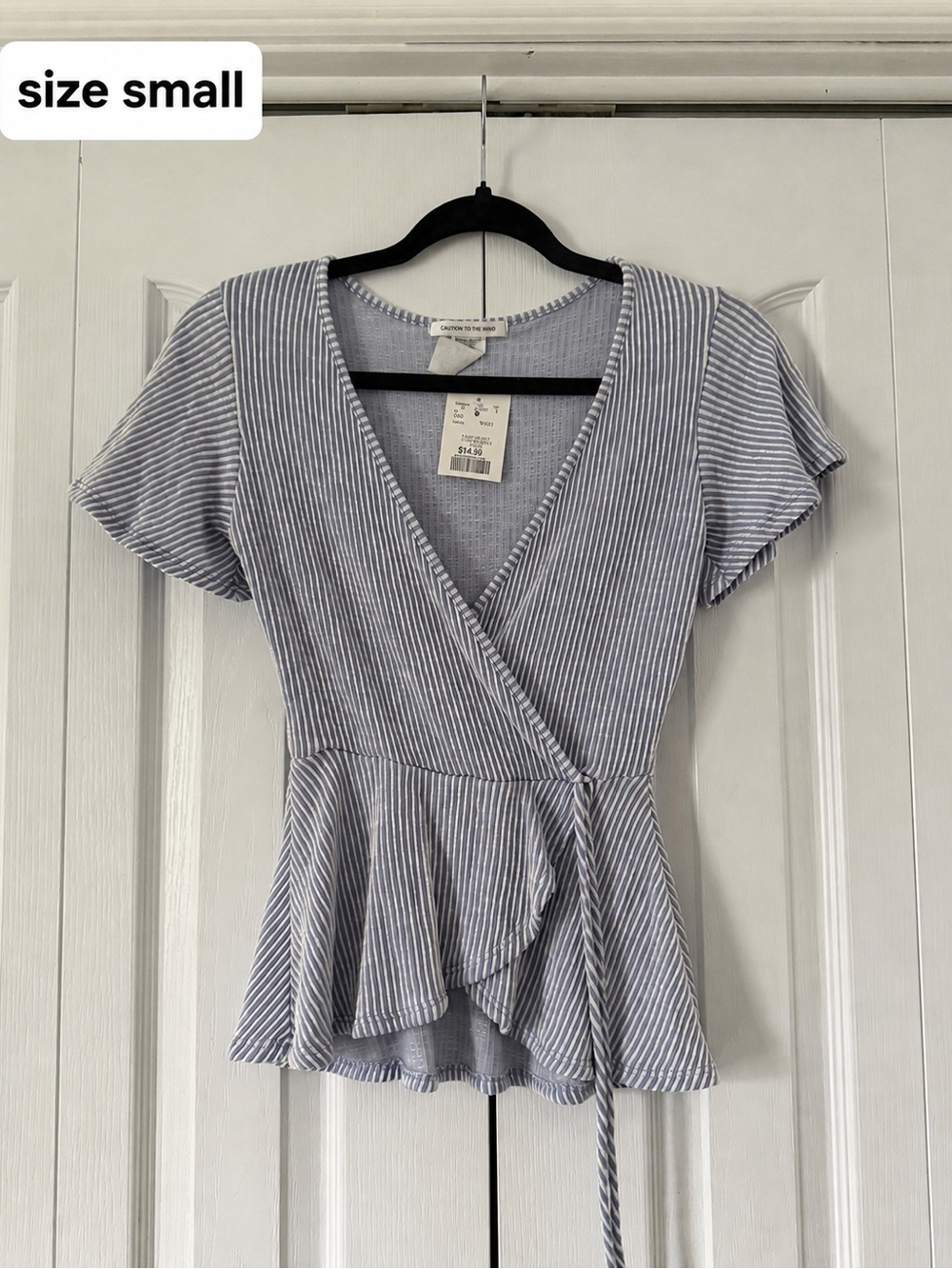 Light Blue Striped Wrap Peplum Top - Size Small